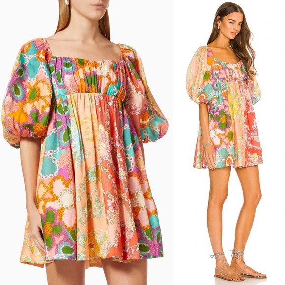 Zimmermann Dresses & Skirts - Zimmermann Dress Size 1/ US 6 Lola Linen Floral Print Puff Sleeve Babydoll Mini